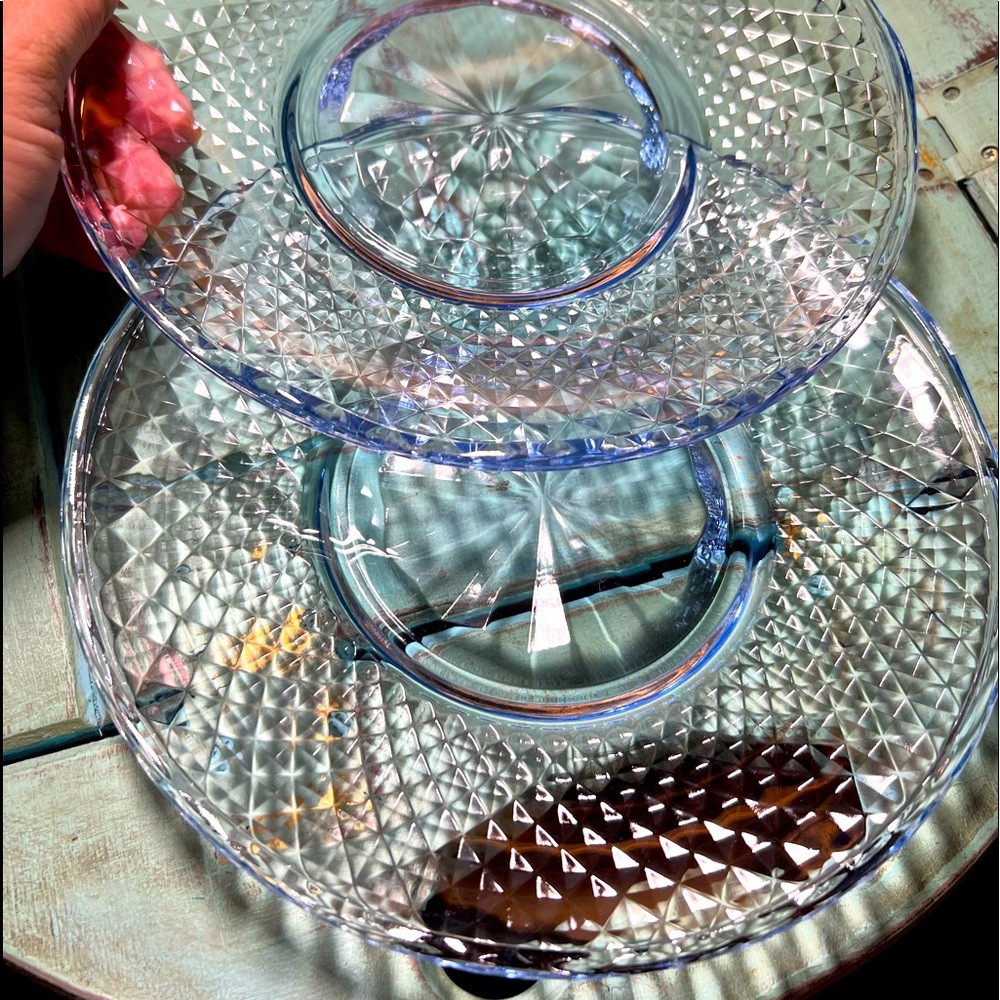 Vintage icy blue pressed Italian glass salad plates for made in Italy stamped (2